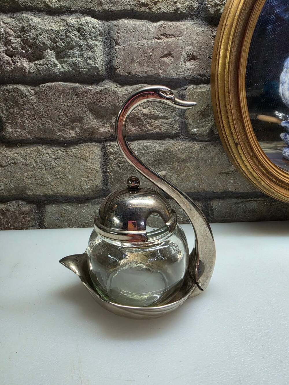 Vintage Swan Glass Condiment Jar Silver Tone Metal Base Tableware